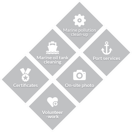 Marine oil tank cleaning, Marine pollution
clean-up, Port services, Certificates, On-site photo